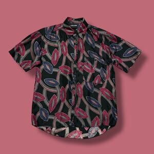 Vintage 80s Silk Shirt Abstract Print Button Up Colorful Art Italy Small Baggy